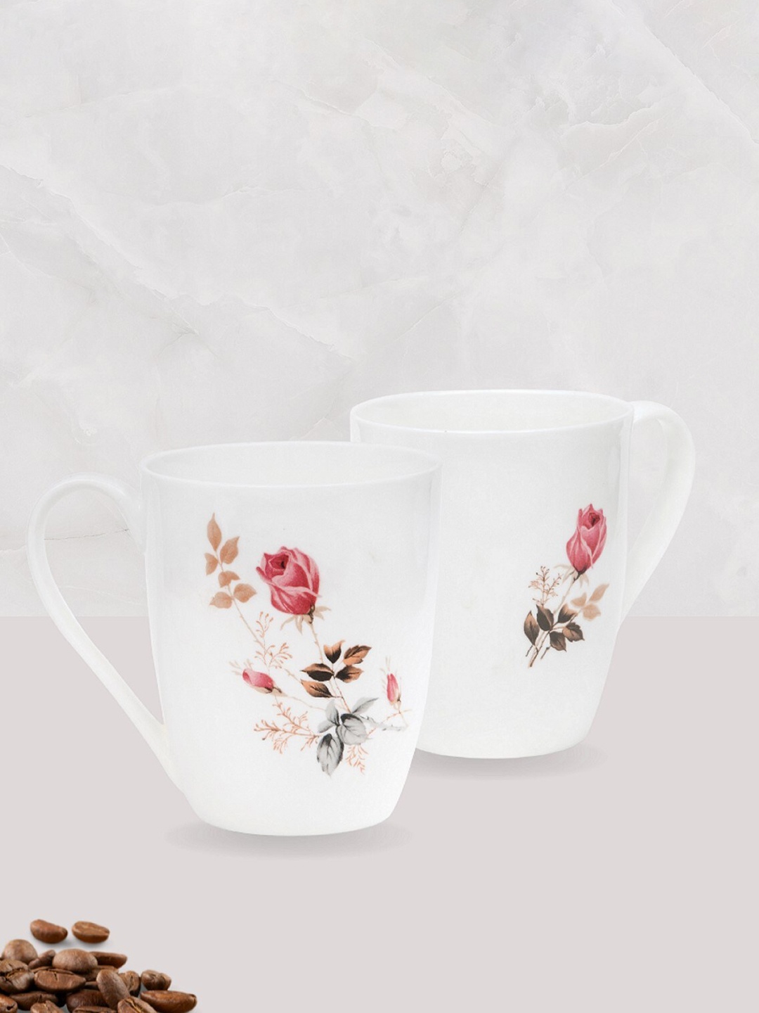 

CLAY CRAFT White Floral Printed 2 Ceramic Glossy Mugs