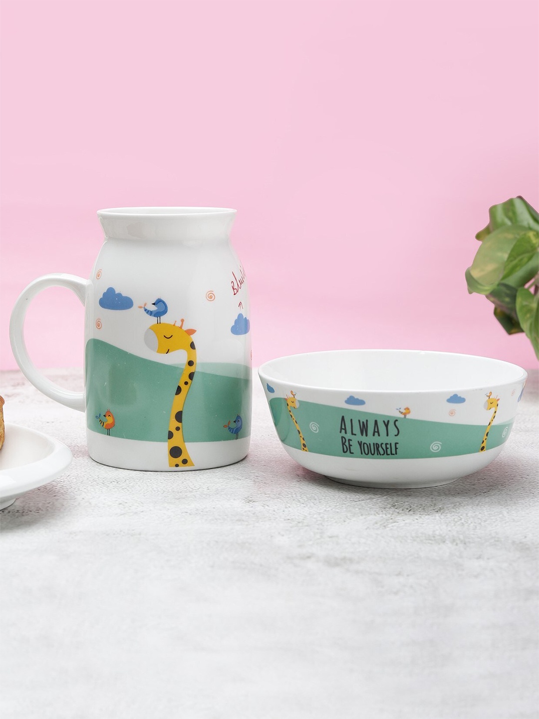 

CLAY CRAFT White & Green Printed Ceramic Glossy Mug and Bowl Set