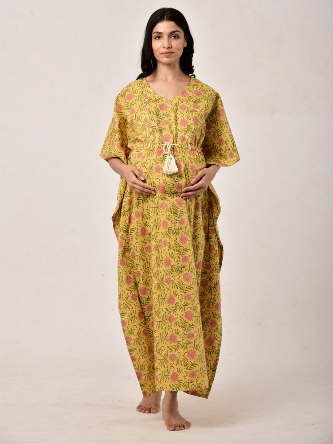 

Ikk Kudi by Seerat Printed Pure Cotton Maternity & Nursing Kaftan Maxi Nightdress, Mustard