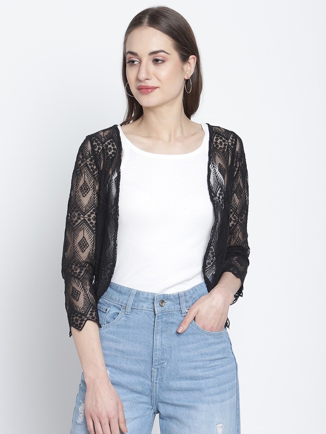 

Rute Women Black Self Design Cotton Shrug