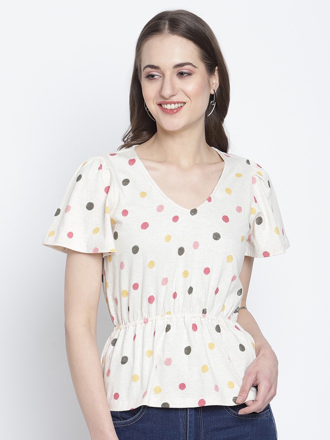 

Rute Off White & Pink Print Cinched Waist Top