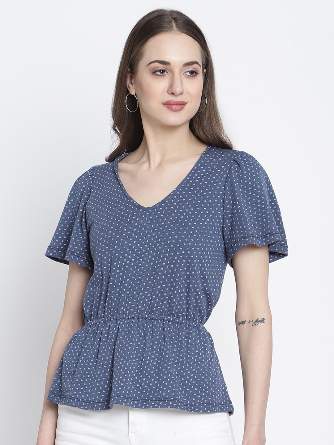 

Rute Blue & White Print Pure Cotton Cinched Waist Top