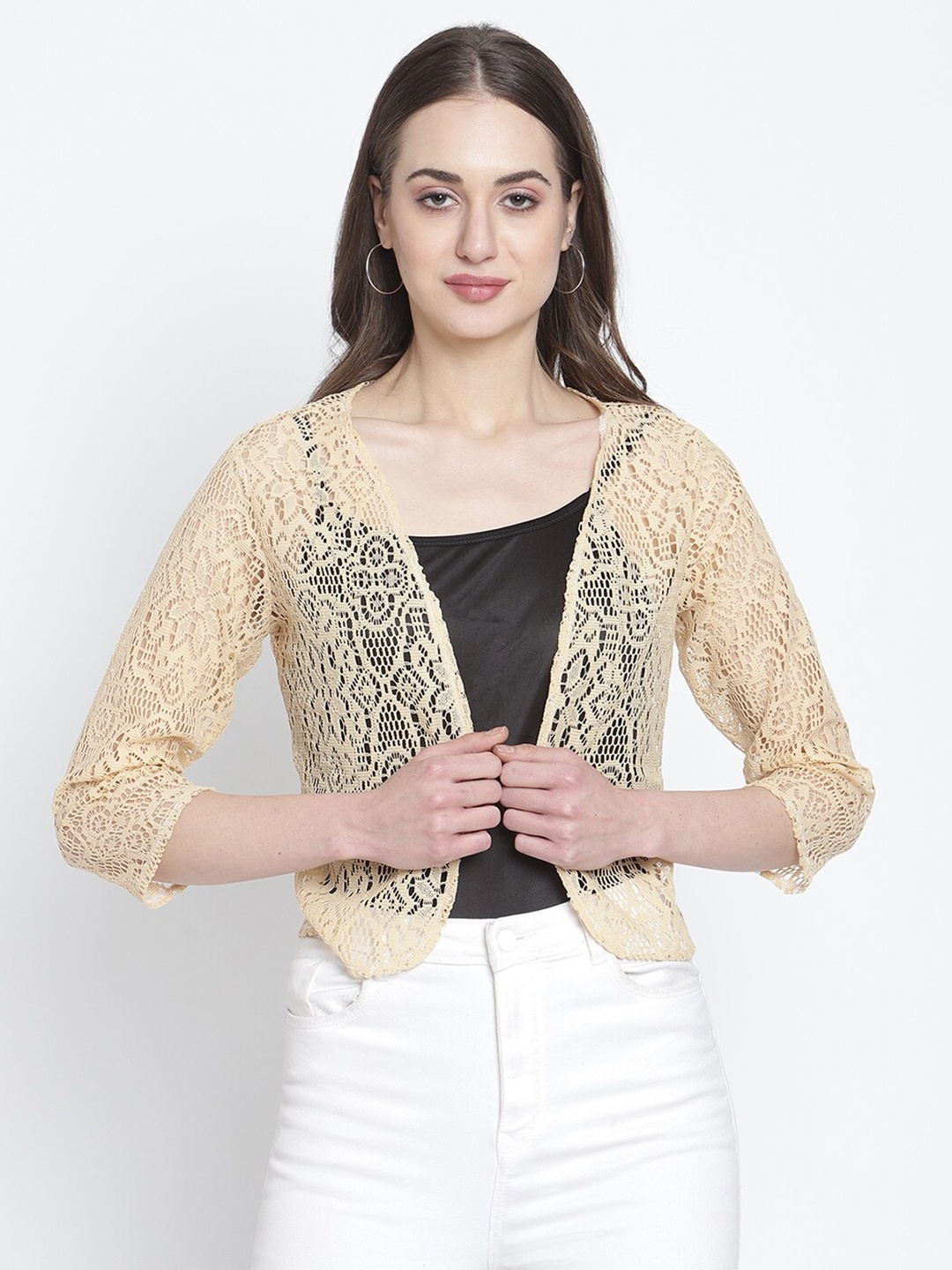 

Rute Women Beige Self Design Cotton Shrug