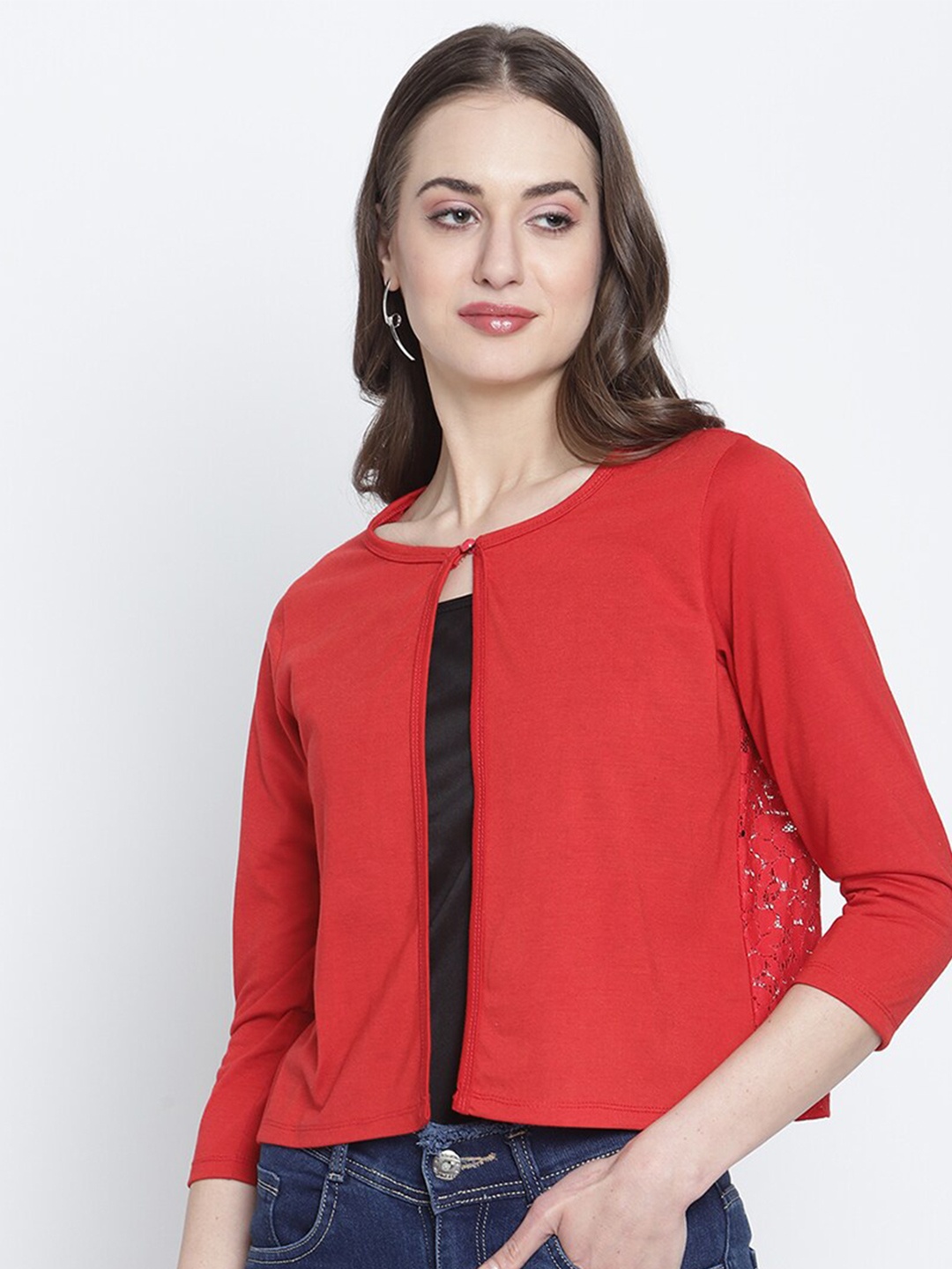 

Rute Women Red Self Design Cotton Open Front Crop Shrug