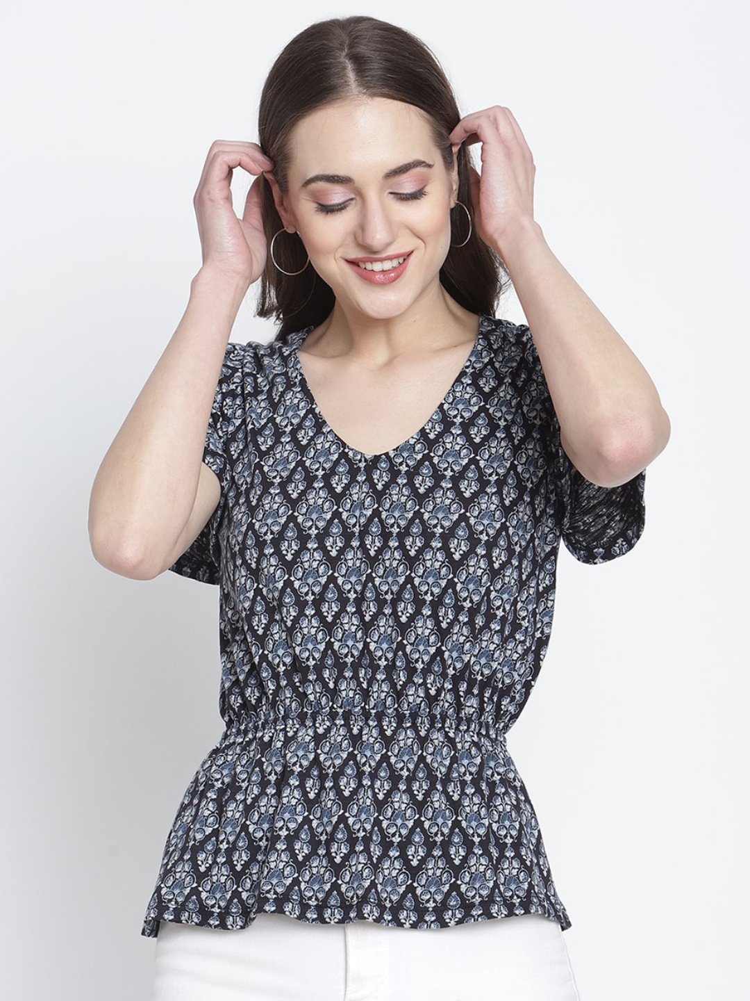 

Rute Black & Blue Geometric Print Pure Cotton Cinched Waist Top