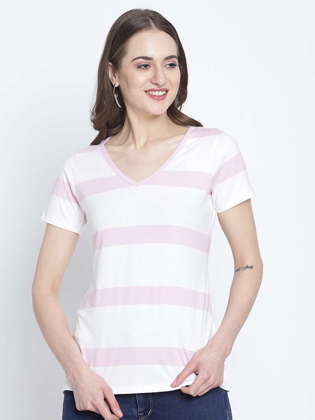 

Rute Women White & Pink Striped V-Neck Pure Cotton T-shirt