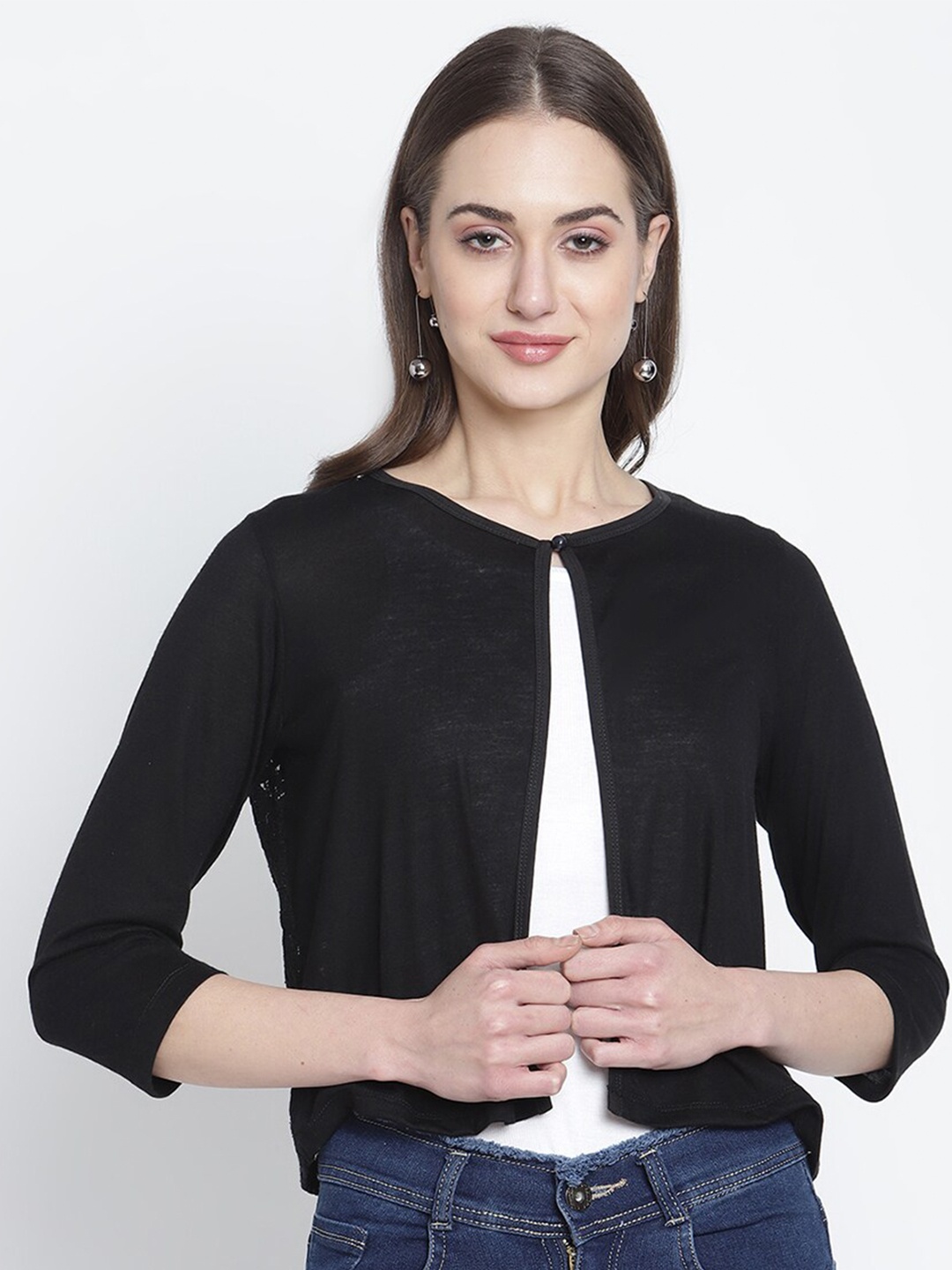 

Rute Women Black Self Design Open Front Cotton Shrug