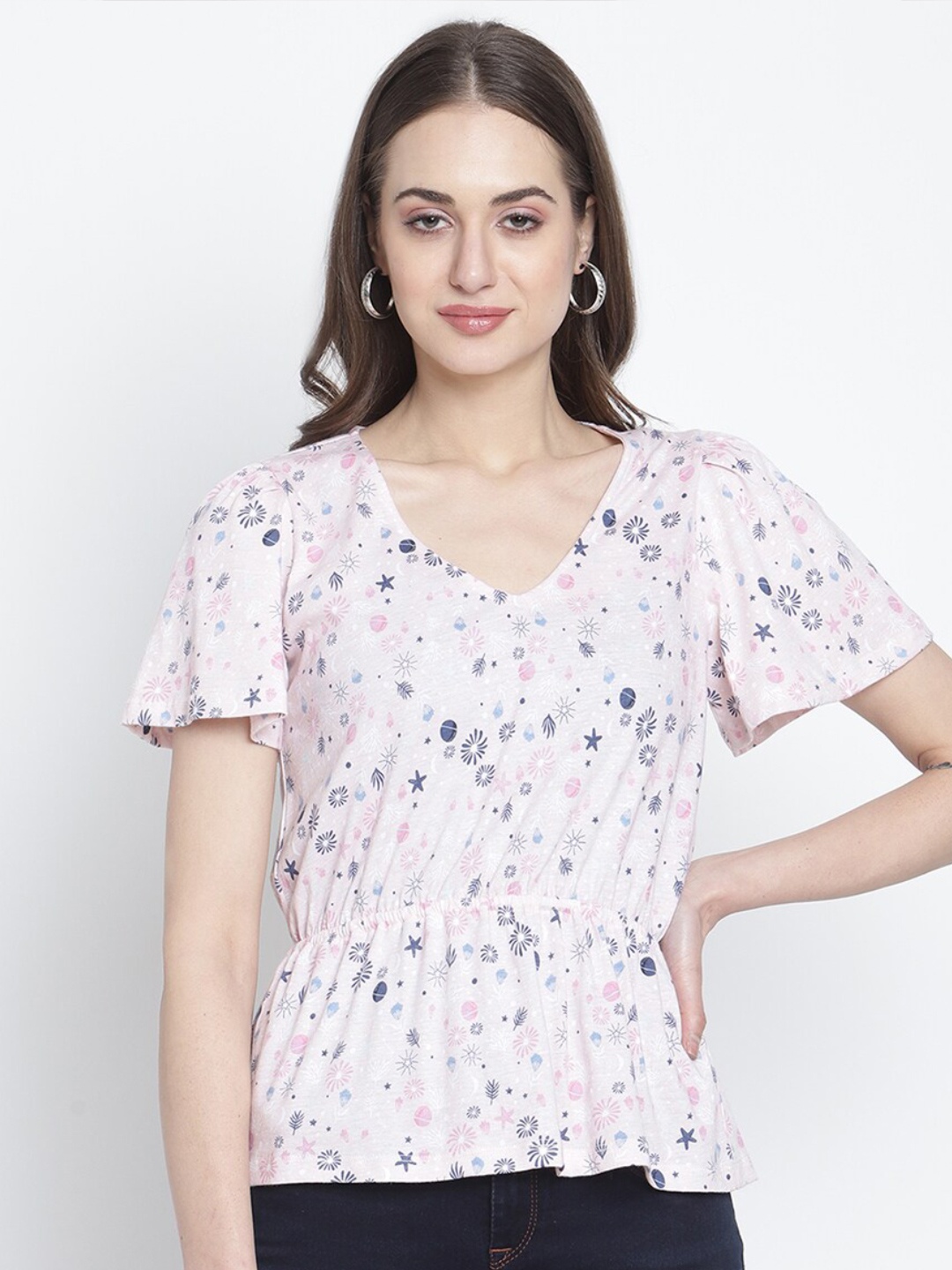 

Rute Pink & Blue Print Pure Cotton Cinched Waist Top