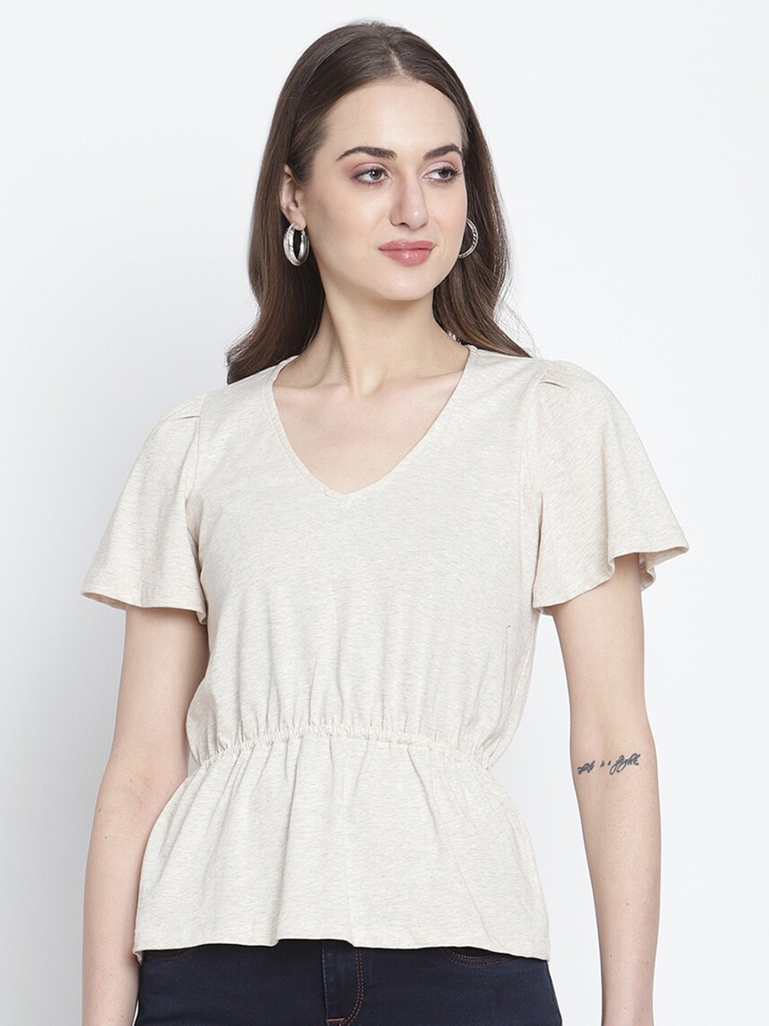 

Rute Women Beige Cinched Waist Pure Cotton Top