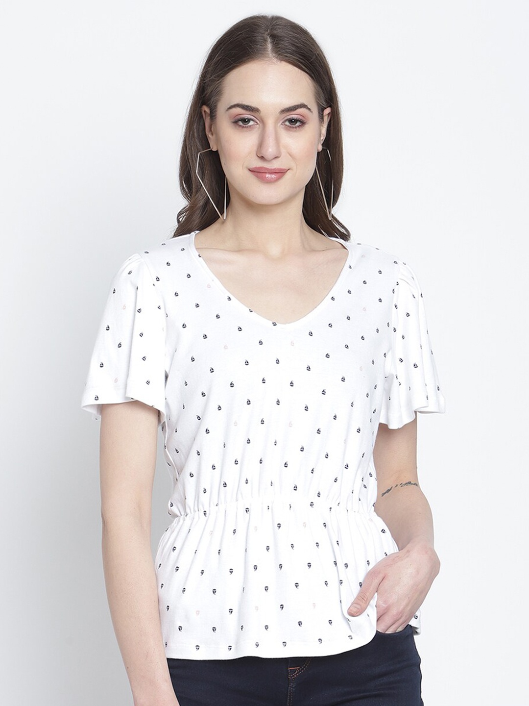 

Rute Women White Printed Ruffles Peplum Top