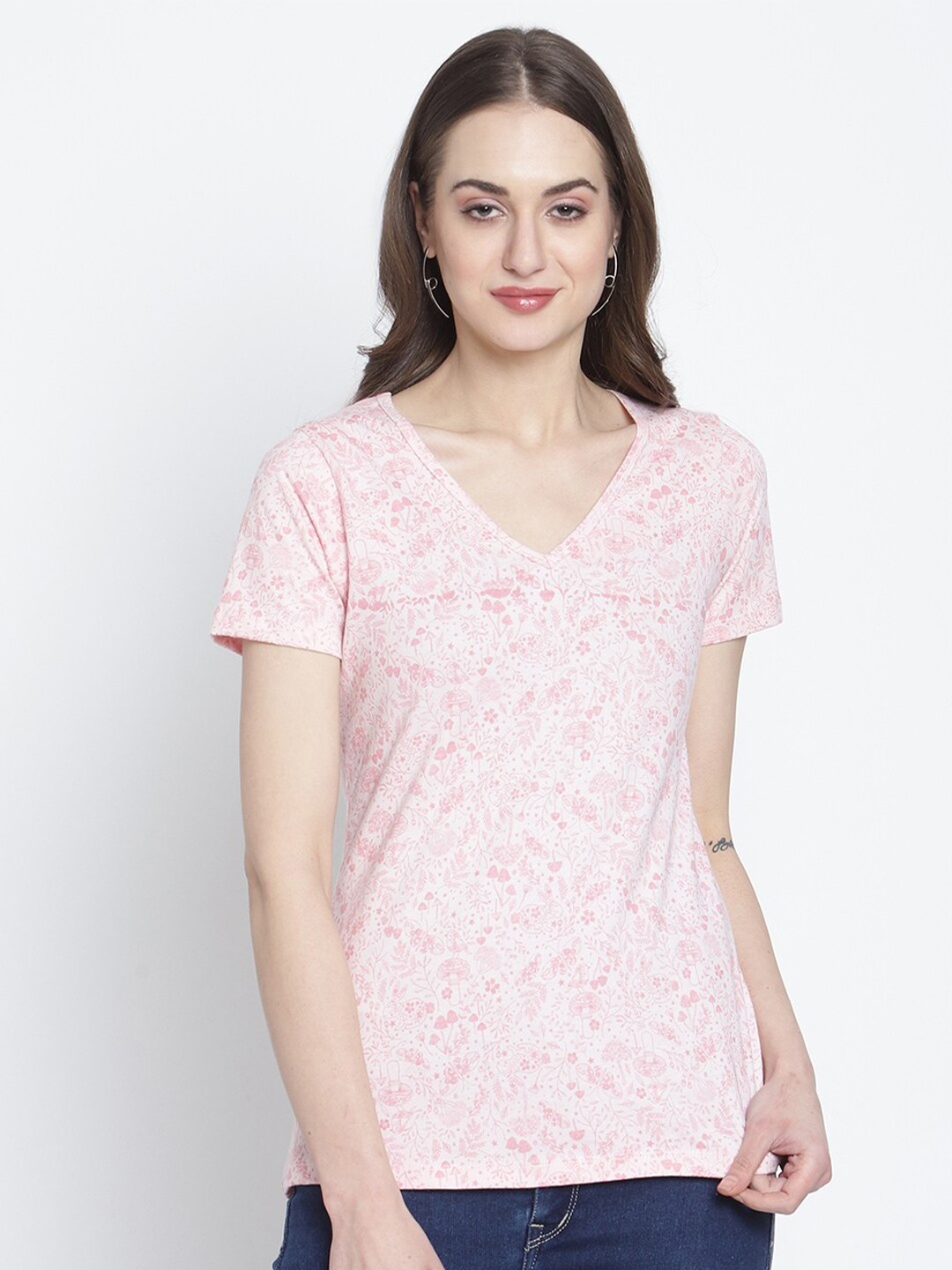 

Rute Women Pink Floral Printed V-Neck Pure Cotton T-shirt