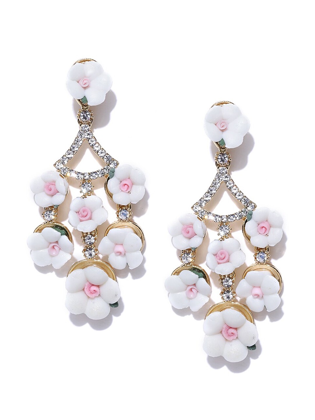 

YouBella Gold-Plated & Pink Floral Stone-Studded Drop Earrings, White