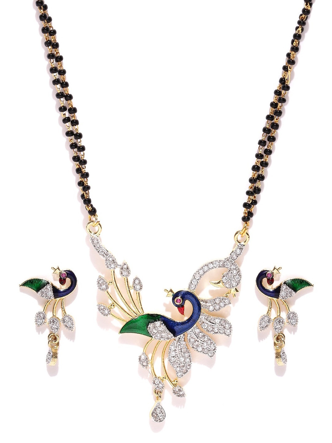 

YouBella Black & Gold-Toned Peacock-Shaped Stone-Studded Mangalsutra Set