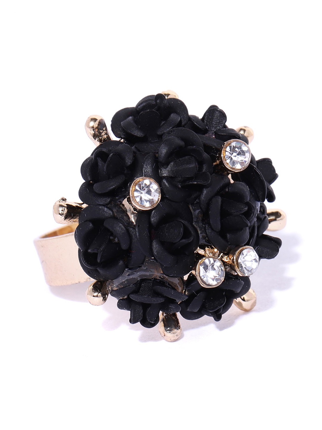 

YouBella Gold Plated Black & White Stone Studded Floral Adjustable Finger Ring