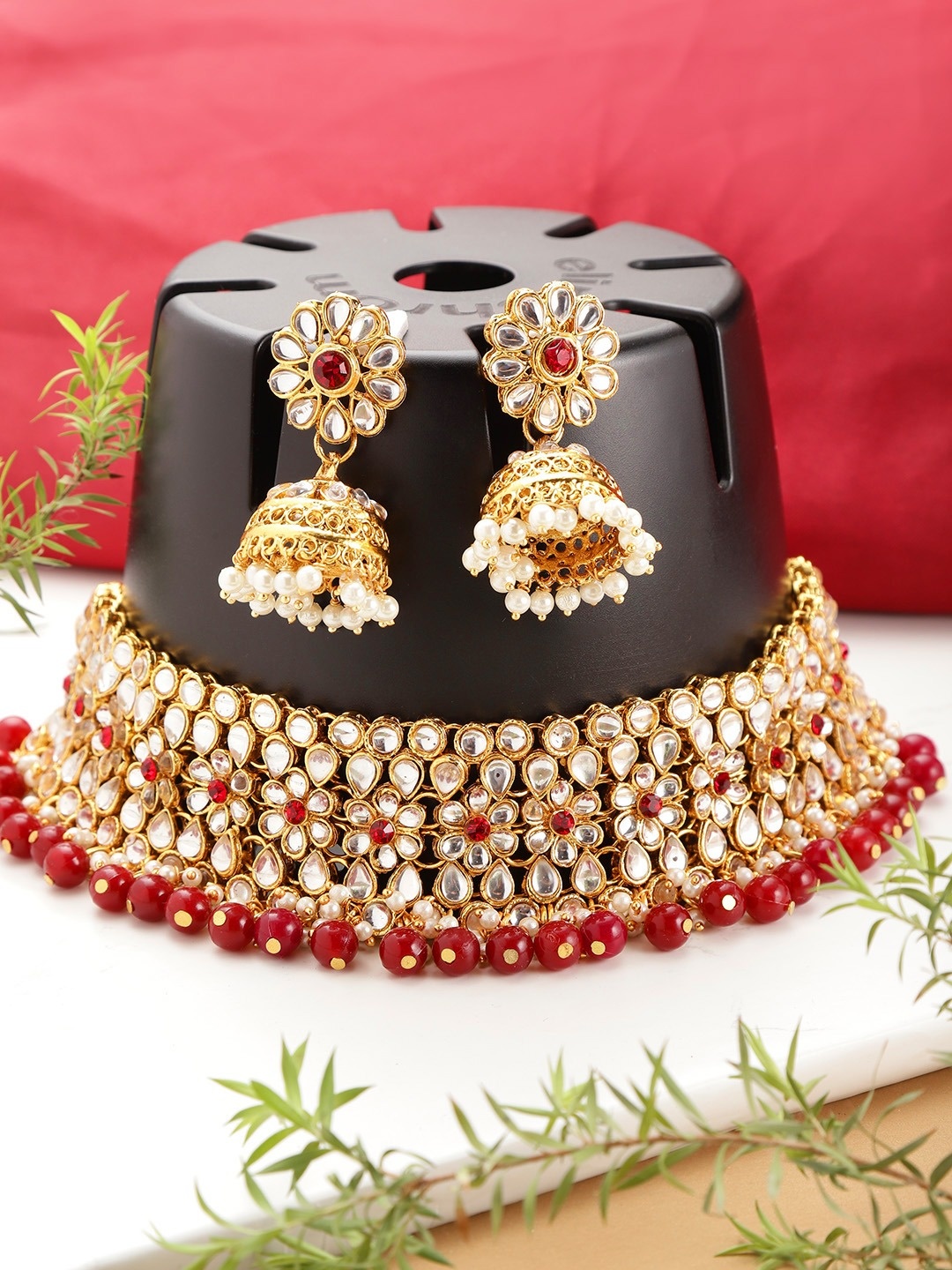 

YouBella Maroon & Off-White Gold-Plated Stone-Studded Beaded Jewellery Set