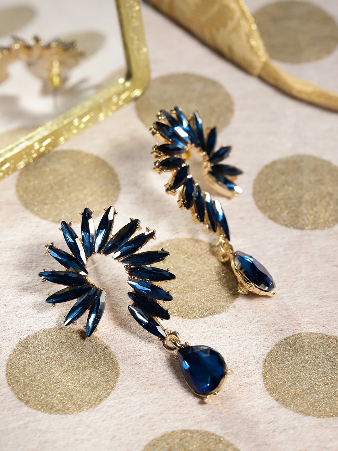 

YouBella Gold-Plated & Navy Blue Contemporary Stone-Studded Drop Earrings