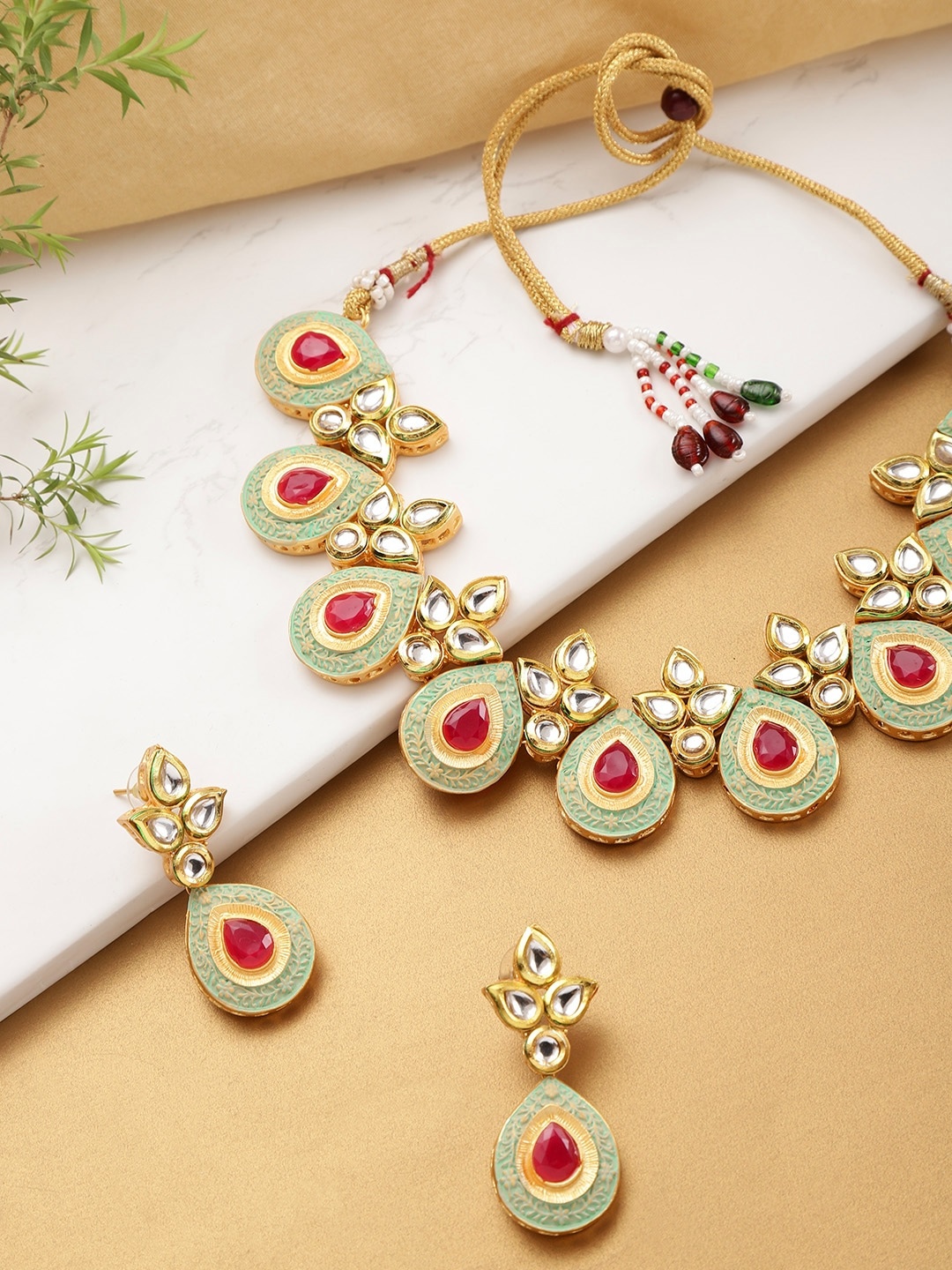 

YouBella Sea Green & Pink Gold-Plated Enamelled Handcrafted Jewellery Set