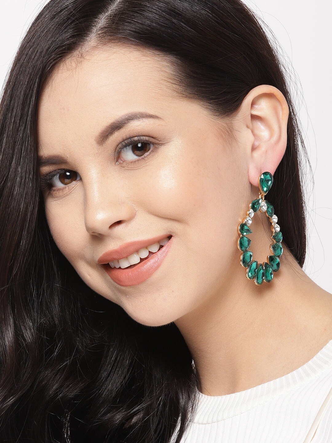 

YouBella Green & Gold-Plated Stone-Studded Circular Drop Earrings