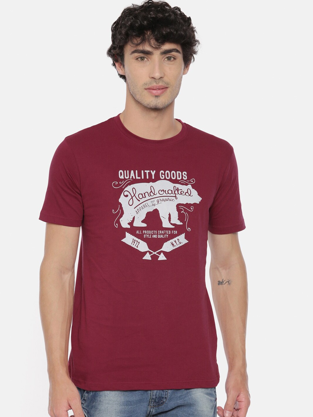 

recast Men Maroon & Grey Printed Pure Cotton Bio Finish T-shirt