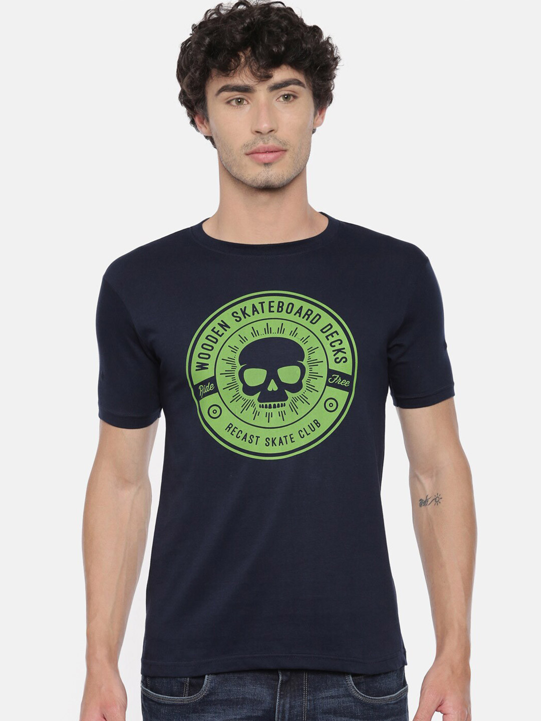 

recast Men Navy Blue Printed Pure Cotton Bio Finish T-shirt