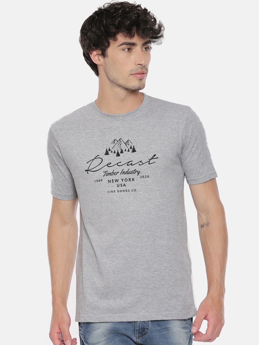 recast Men Grey Typography Printed Bio Finish T-shirt