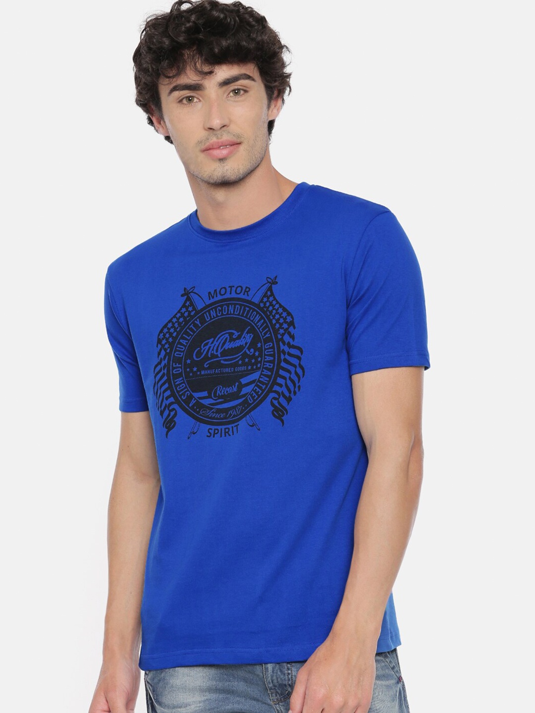

recast Men Blue Printed Pure Cotton Bio Finish T-shirt