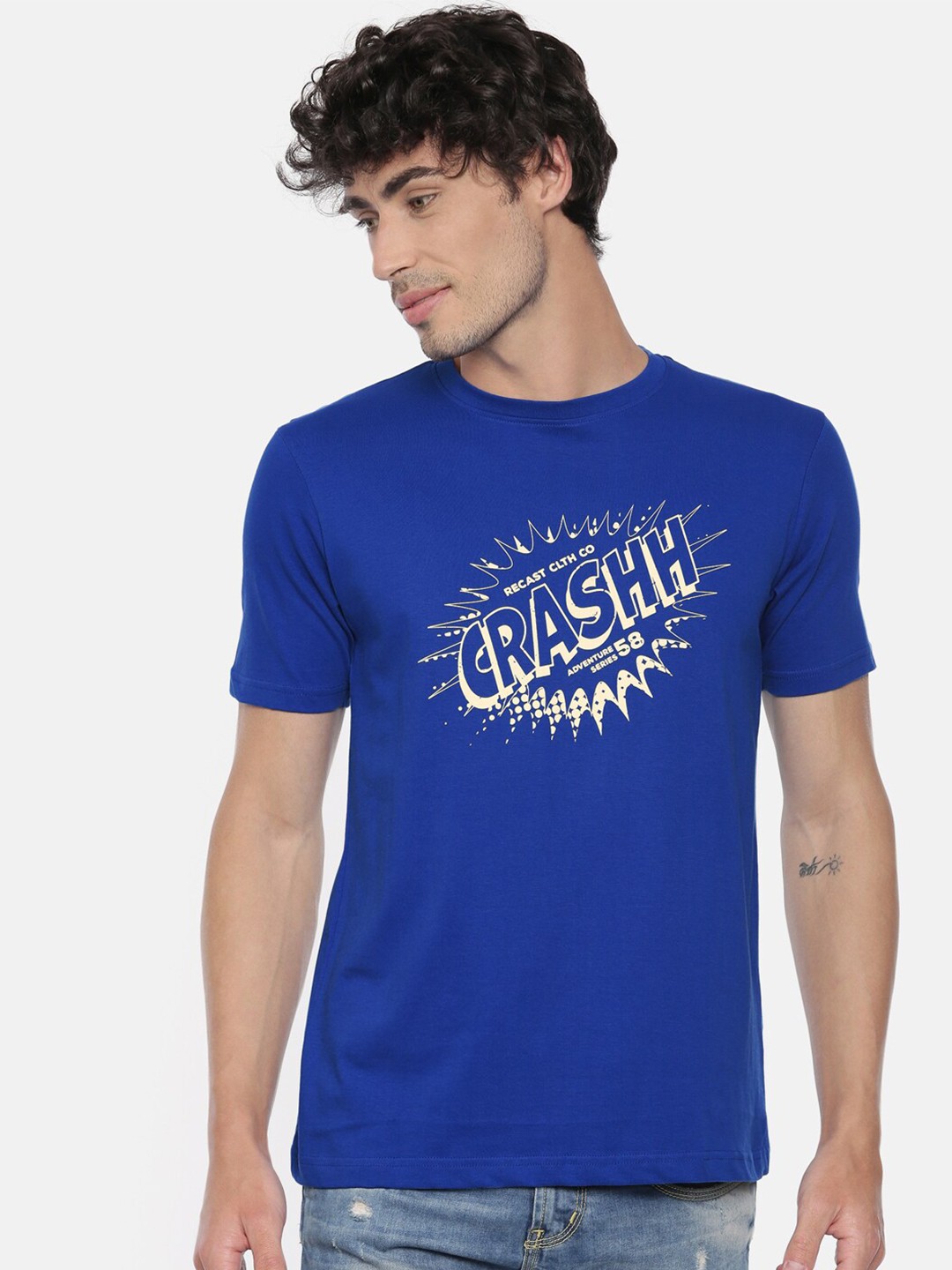 

recast Men Blue Typography Printed Pure Cotton Bio Finish T-shirt