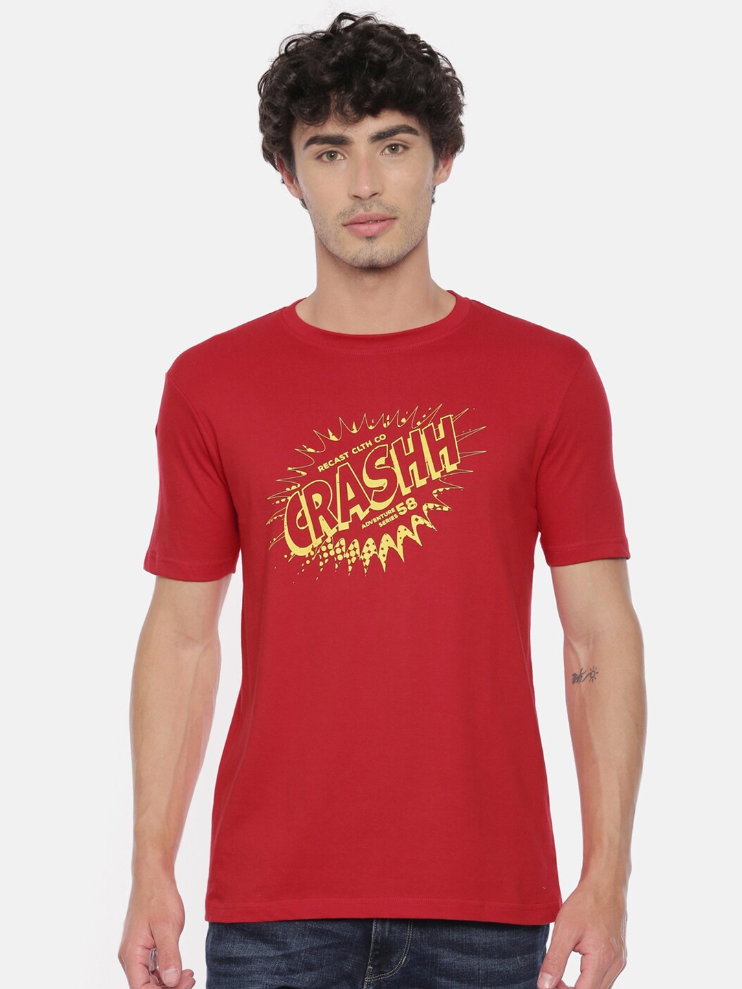 

recast Men Red Typography Printed Pure Cotton Bio Finish T-shirt