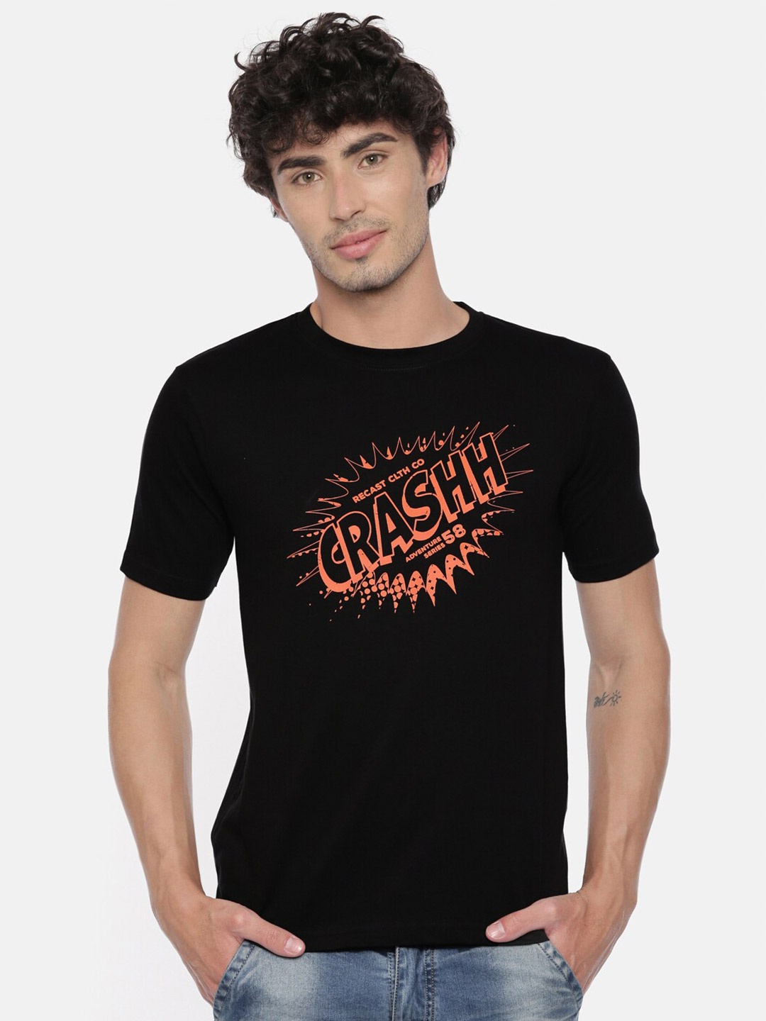 

recast Men Black Typography Printed Pure Cotton Bio Finish T-shirt