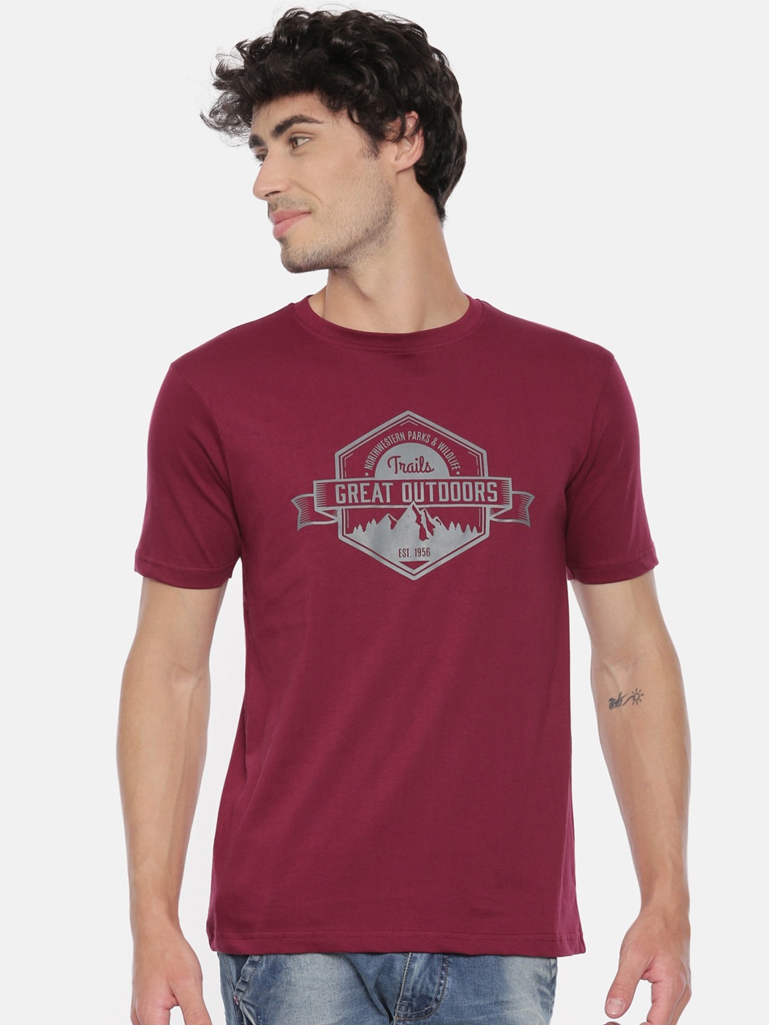 

recast Men Maroon Printed Pure Cotton Bio Finish T-shirt