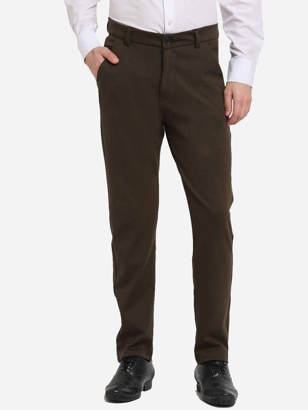 

JAINISH Men Olive Green Solid Smart Slim Fit Formal Trousers