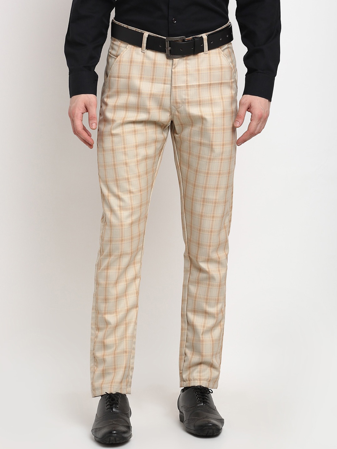 

JAINISH Men Cream Checked Smart Slim Fit Trousers