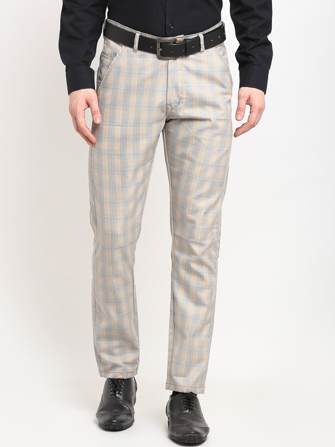 

JAINISH Men Blue Checked Smart Slim Fit Easy Wash Trousers