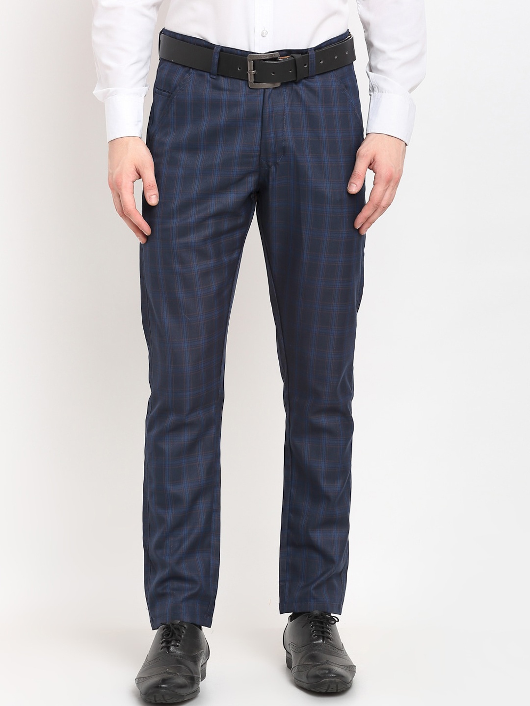 

JAINISH Men Navy Blue Checked Smart Slim Fit Easy Wash Pure Cotton Formal Trousers