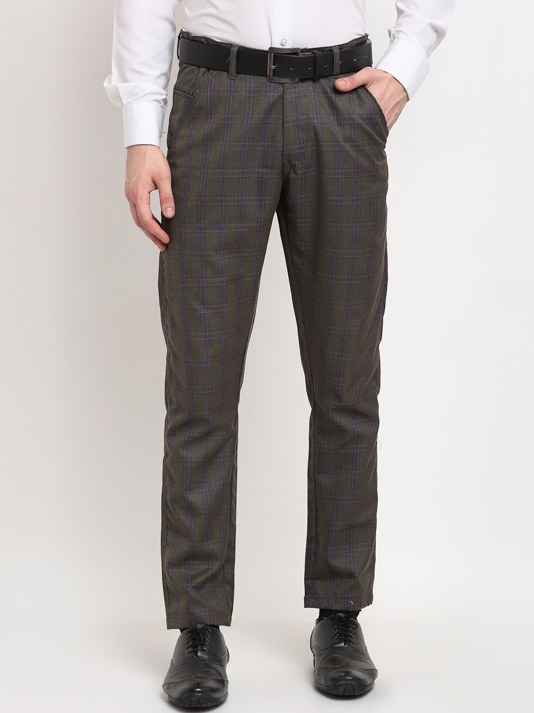 

JAINISH Men Charcoal Checked Smart Slim Fit Easy Wash Trousers