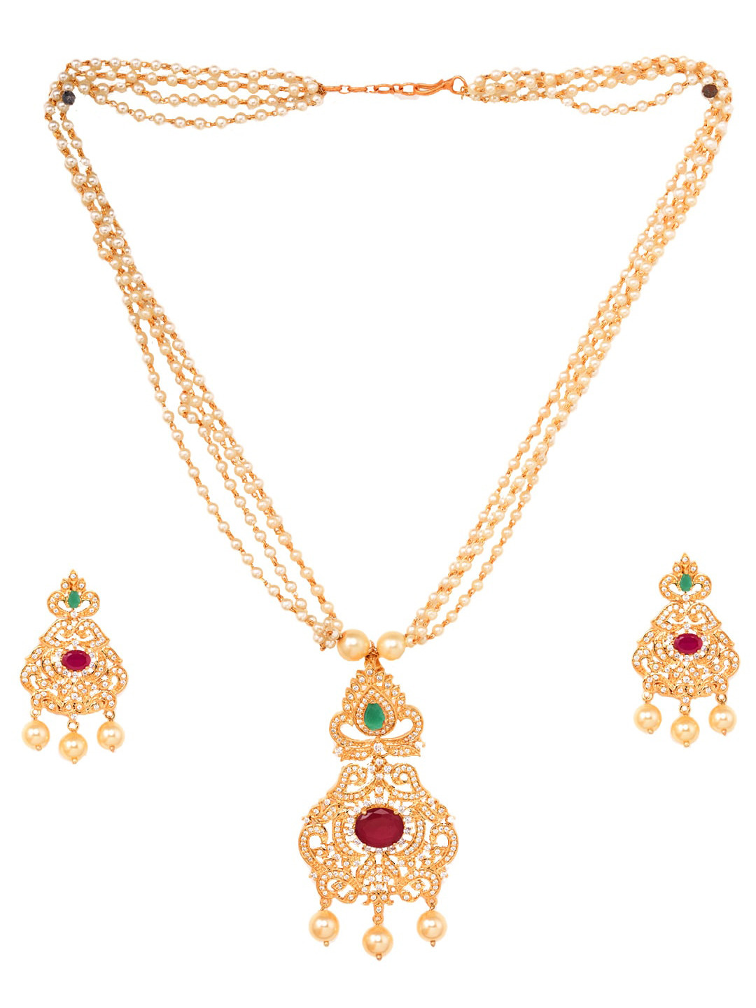 

Saraf RS Jewellery Gold-Plated Green & Red AD-Studded Jewellery Set