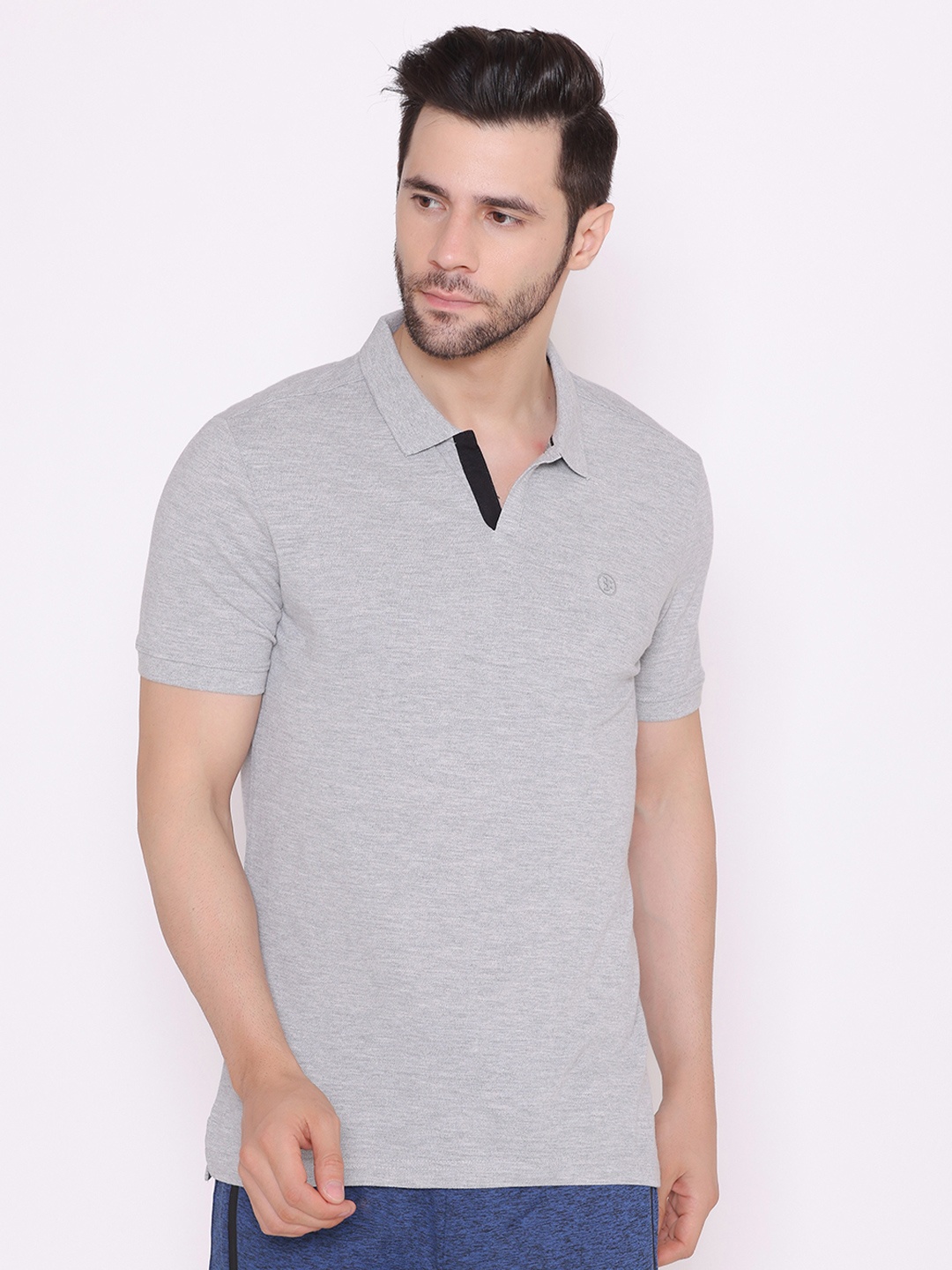 

BODYACTIVE Men Grey Melange Polo Collar Cotton T-shirt