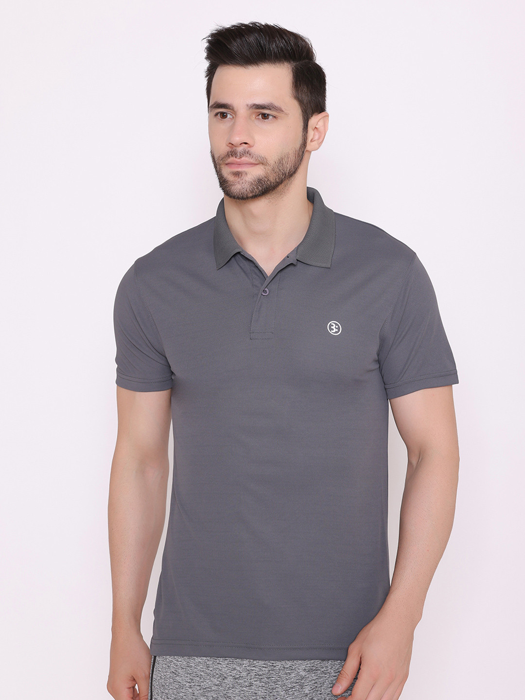 

BODYACTIVE Men Grey Polo Collar Solid T-shirt