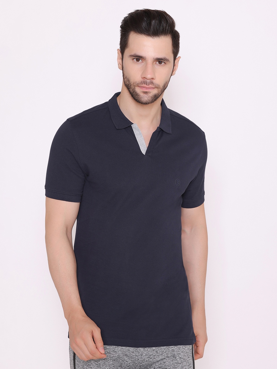 

BODYACTIVE Men Navy Blue Polo Collar Cotton T-shirt