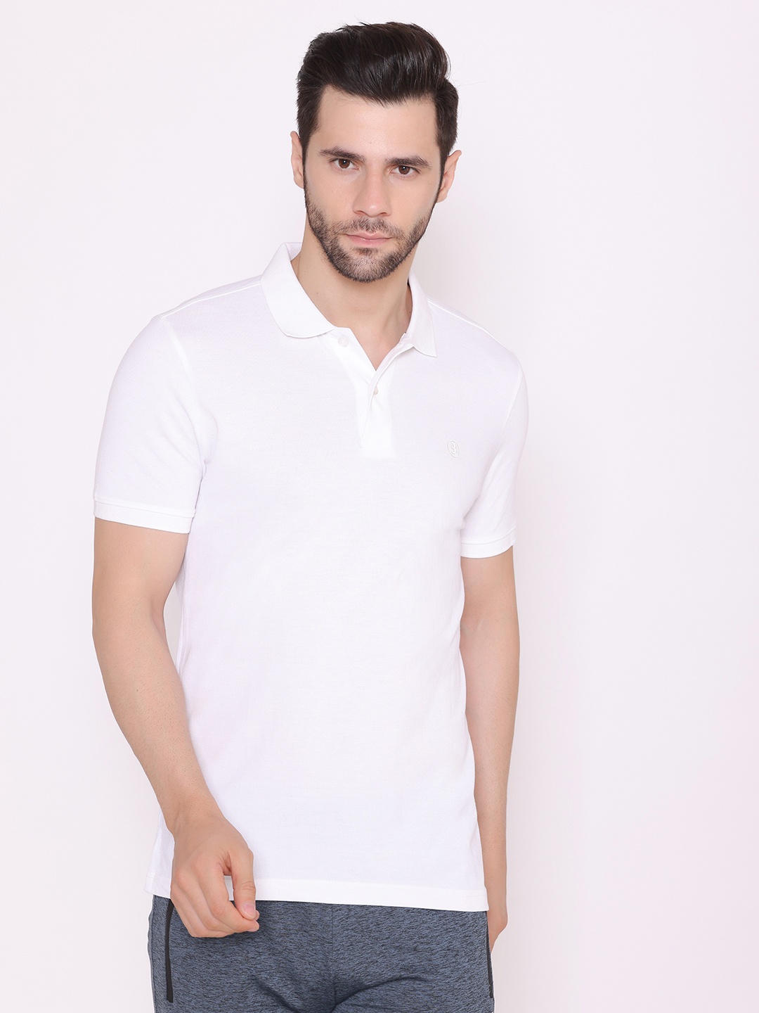 

BODYACTIVE Men White Polo Collar Cotton T-shirt