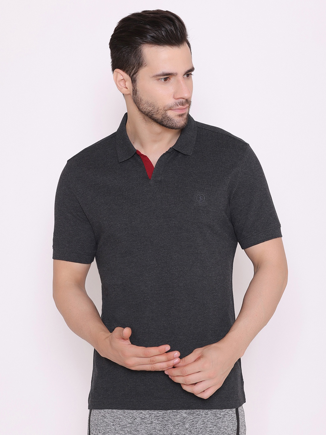 

BODYACTIVE Men Grey Melange Polo Collar Cotton T-shirt