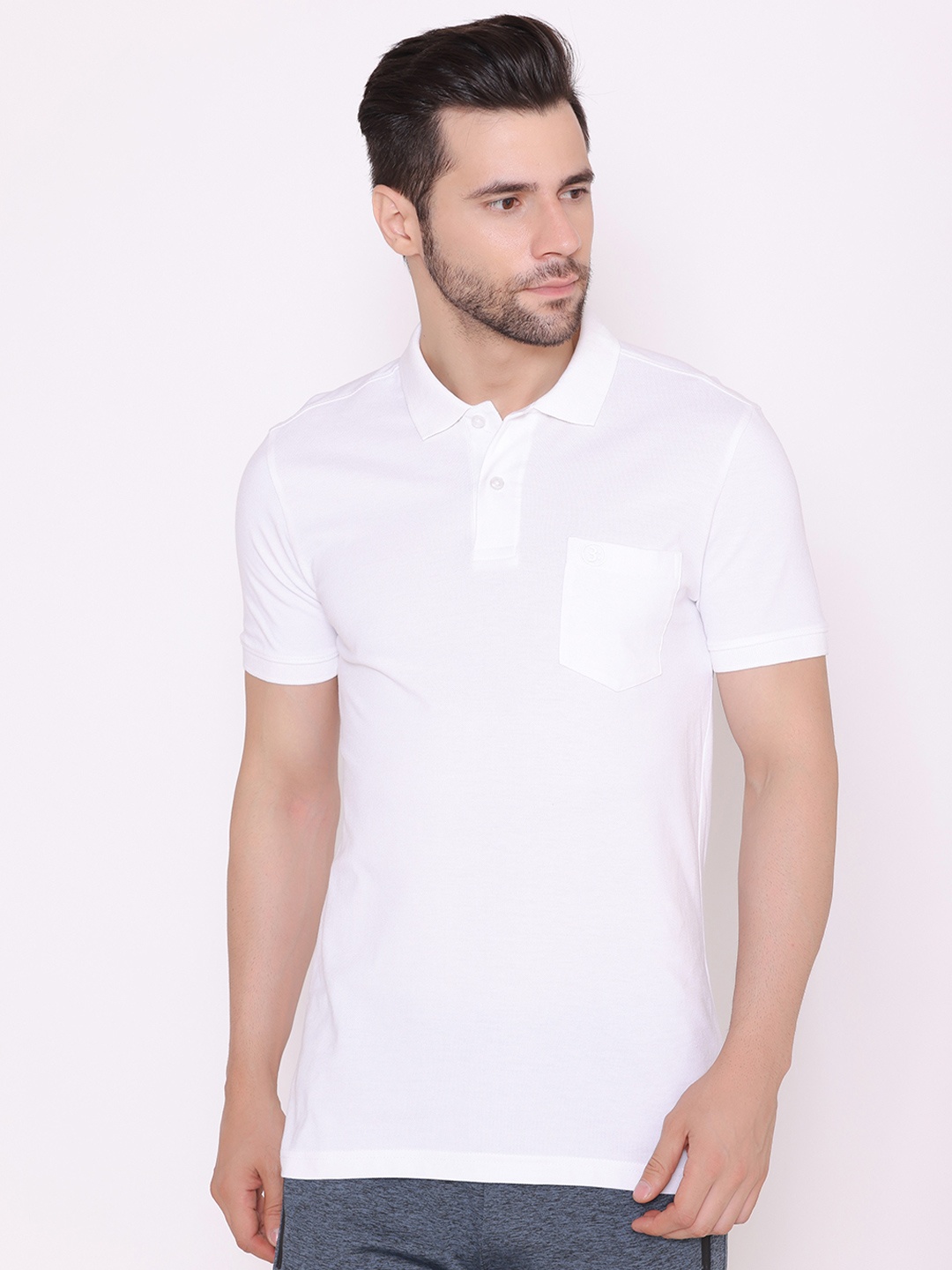 

BODYACTIVE Men White Polo Collar T-shirt