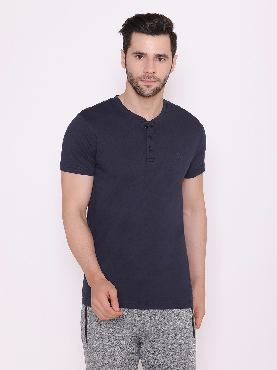 

BODYACTIVE Men Navy Blue Henley Neck Cotton T-shirt