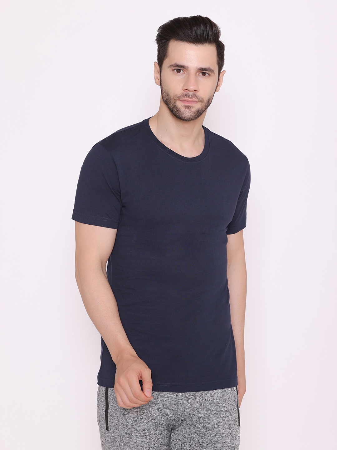 

BODYACTIVE Men Navy Blue Cotton T-shirt