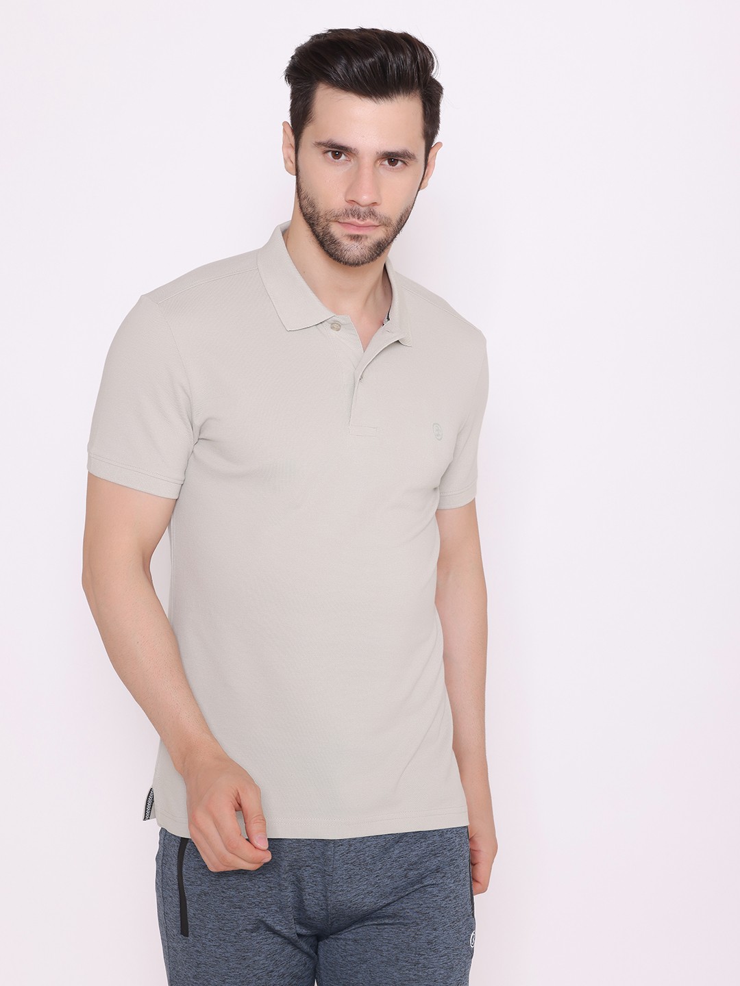 

BODYACTIVE Men Grey Polo Collar Cotton T-shirt