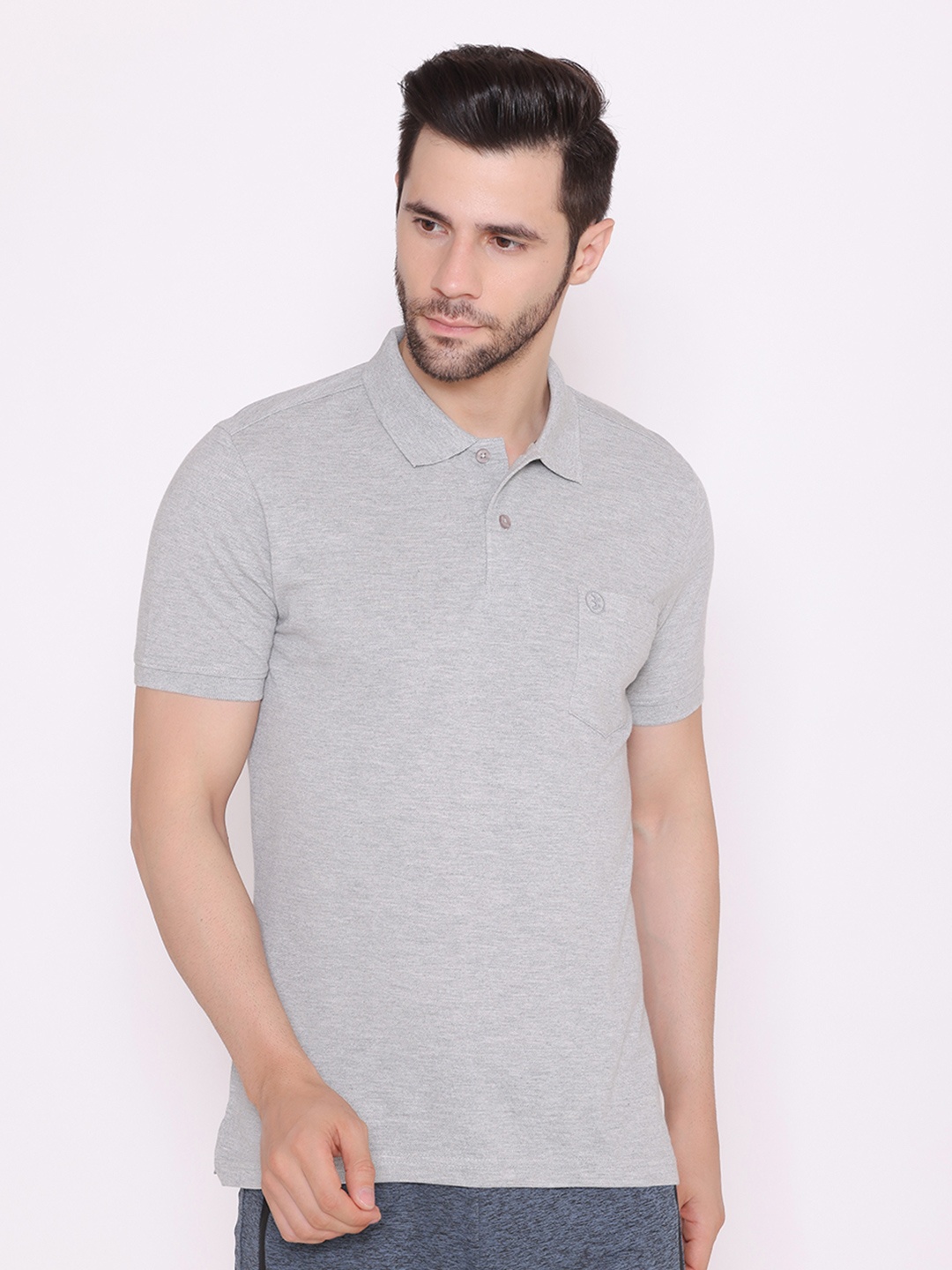 

BODYACTIVE Men Grey Melange Polo Collar T-shirt
