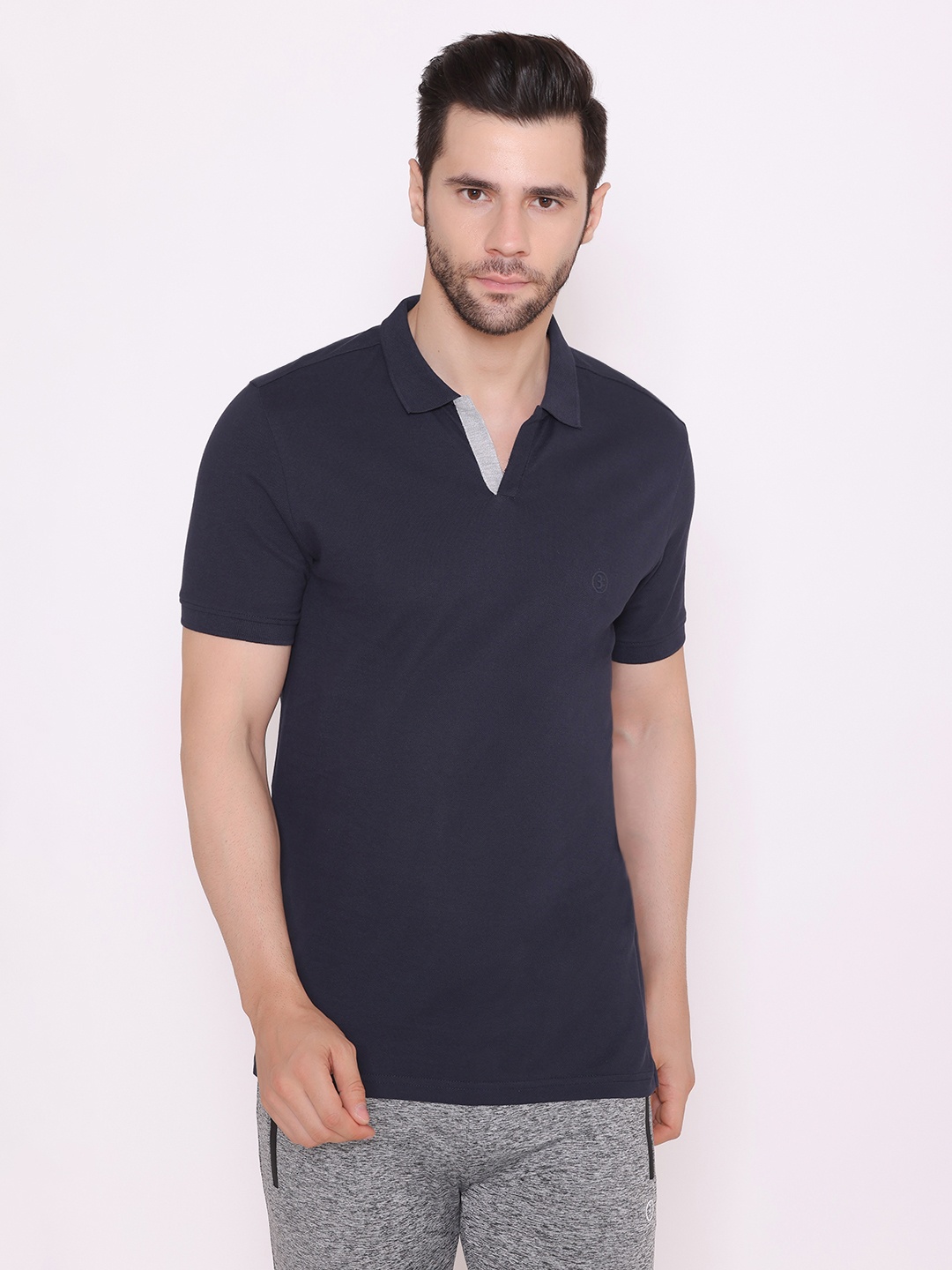 

BODYACTIVE Men Navy Blue Polo Collar Cotton T-shirt