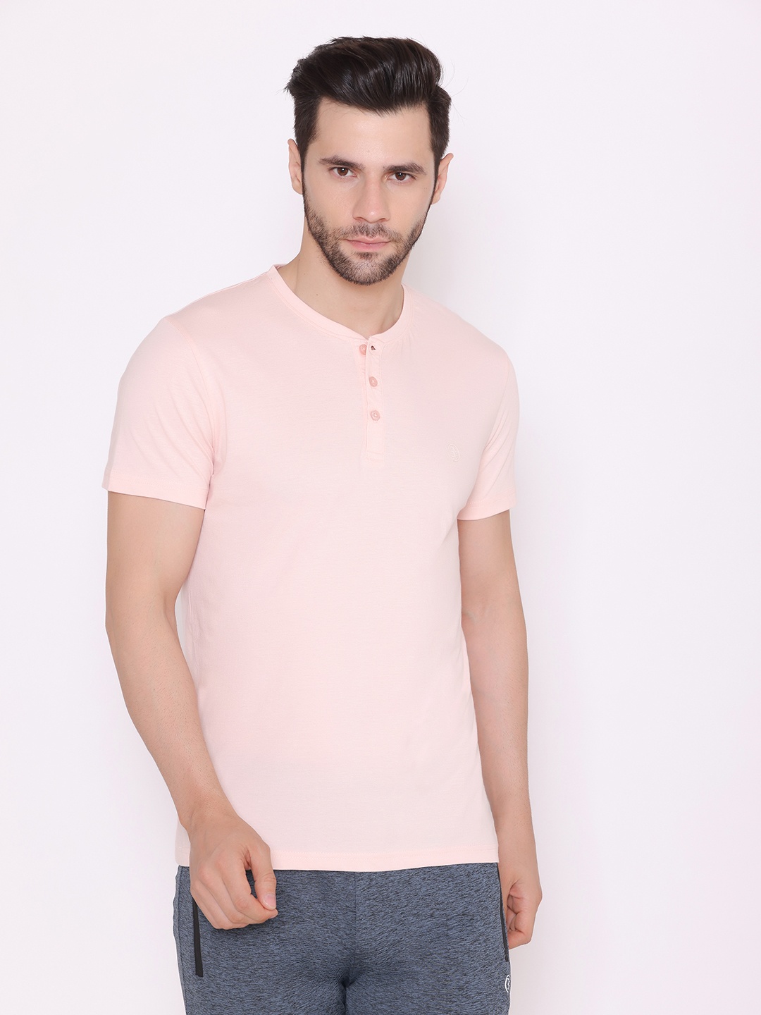 

BODYACTIVE Men Peach-Coloured Henley Neck Cotton T-shirt