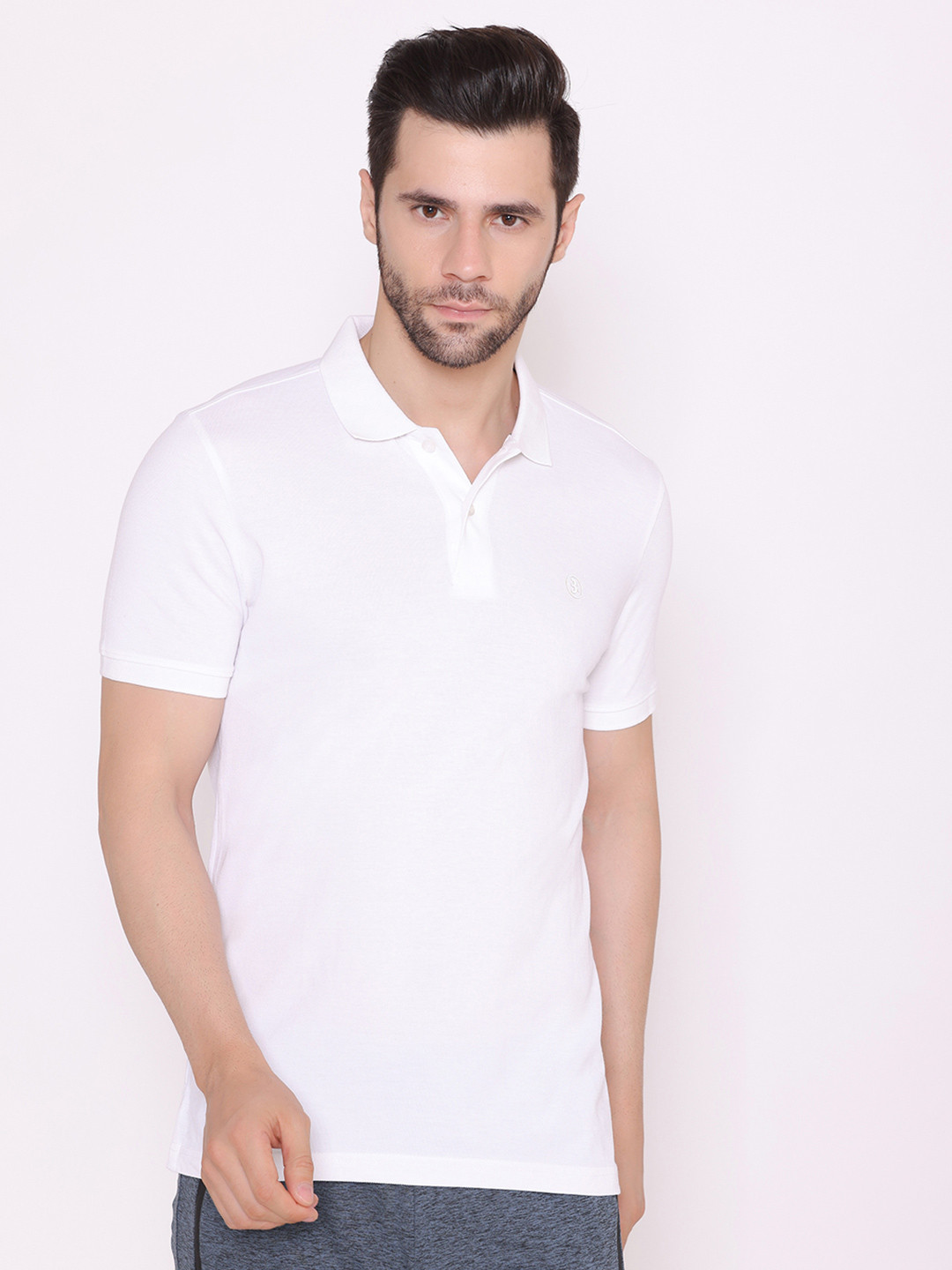 

BODYACTIVE Men White Polo Collar Cotton T-shirt