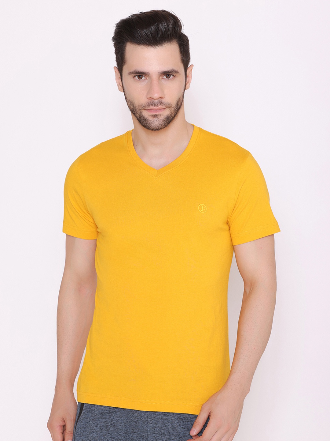 

BODYACTIVE Men Yellow V-Neck T-shirt